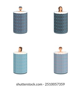 Four individuals relaxing in separate stylized hot tubs, showcasing diversity and leisure