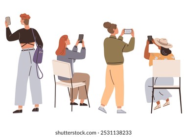 Four individuals using mobile devices while in different postures and activities, including sitting and standing. Ideal for technology, social media, communication, modern lifestyle, fashion trends