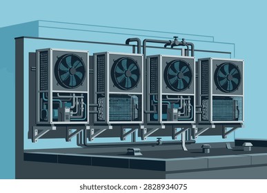 Four industrial air conditioning units mounted on a flat roof