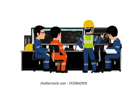 Four industrial workers are discussing about their work.