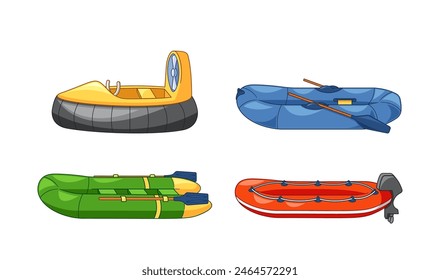 Four Inflatable Boats For Different Outdoor Water Activities. Yellow Recreational Boat, Blue Canoe-style Kayak, Raft