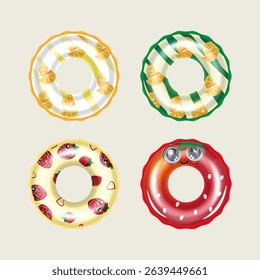 Four inflatable swim rings with unique designs