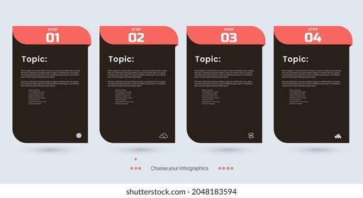 Four Infographic design with icons. 4 options or 4 steps. process diagram, flow chart, info graph, Infographics for business concept, presentations banner, workflow layout, Vector and illustration des