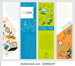 Four infographic school kids computer education accessories symbols icons vertical banners set flat sketch doodle vector illustration