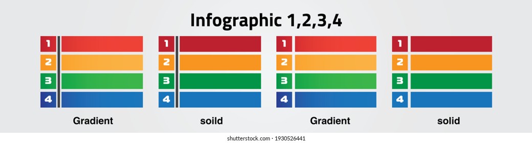 four infographic shapes solid and gradient 1-2-3-4 steps, 4 colors (red-orange-green-blue) 