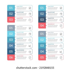 Cuatro plantillas de infografía: 3, 4, 5 y 6 pasos o opciones, infografía de procesos, ilustración de eps10 vectoriales