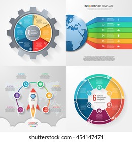 Four infographic templates with 6 steps, options, parts, processes. Business concept.