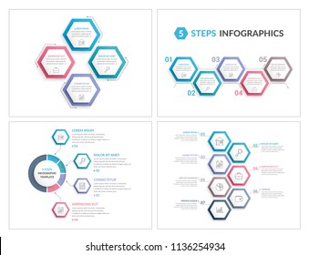 Four infographic templates with hexagons, workflow or process diagrams, vector eps10 illustratopn