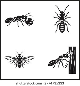 Four insect silhouettes showing termites chewing wood ant standing and winged insect flying against plain background