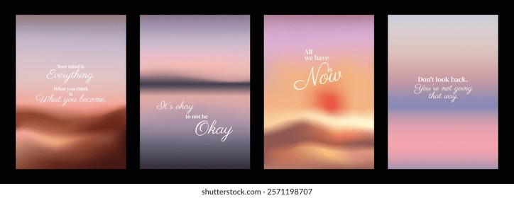 Four inspirational posters with blurred backgrounds. Motivational quotes in elegant fonts. Calm, soothing, and uplifting designs for positivity. Pastel inspirational quote poster template vectors.