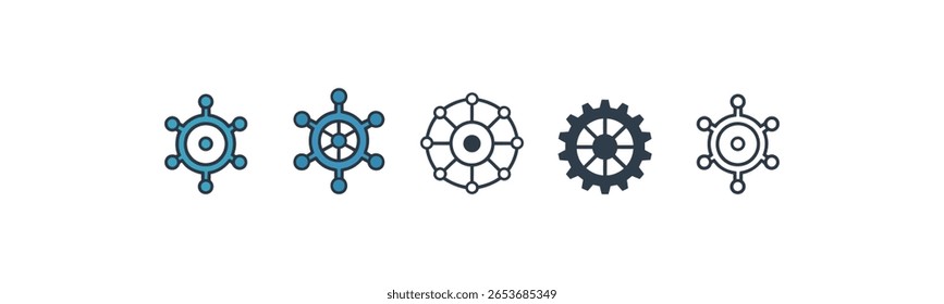 Vier miteinander verbundene grafische Symbole, die verschiedene Verbindungsstile darstellen. Dieses Bild verfügt über vier verschiedene grafische Symbole, die jeweils einen anderen Verbindungs- oder Netzwerkstil darstellen. 