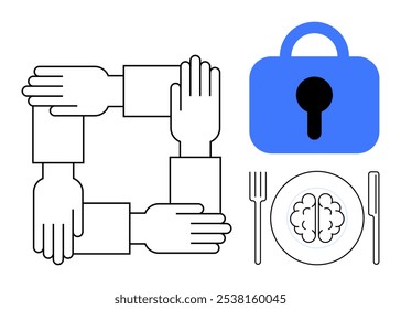 Quatro mãos interconectadas representam trabalho em equipe, uma fechadura significa segurança e um cérebro em um prato com talheres simboliza nutrição intelectual. Ideal para trabalho em equipe, segurança,