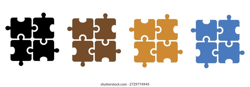 Four interconnected puzzle pieces in various colors illustrating concepts of teamwork and problem-solving