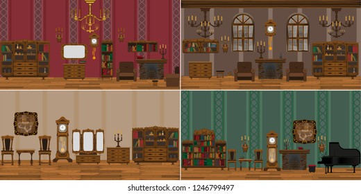 Four Interior Living Room With Different Wallpaper And Antique Furniture.