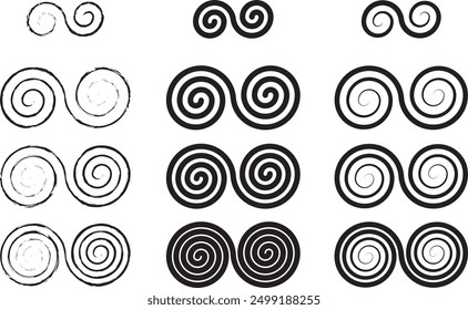 Four interlocked double spirals in three styles. Connected spiral symbols for balance. Painted style and tapered stroke vectors on isolated background.