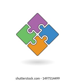 Four interlocked jigsaw puzzle pieces isolated on white background. Coloured vector illustration.