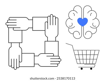 Four interlocking hands represent unity and teamwork while a brain with a heart symbolizes empathy and compassion. A shopping cart signifies consumerism. Ideal for cooperation collaboration mental