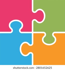 Four interlocking puzzle pieces in bright pink blue green and orange colors isolated on transparent background