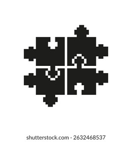 Four Interlocking Puzzle Pieces Pixel Art Icon. Teamwork, Collaboration, And Problem-Solving Symbol. Unity And Integration Concept. Isolated Vector Illustration.