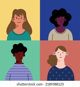 four interracial persons group characters