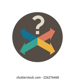 Four intersecting directional arrows and question mark. Vector illustration in trendy flat style isolated on white background