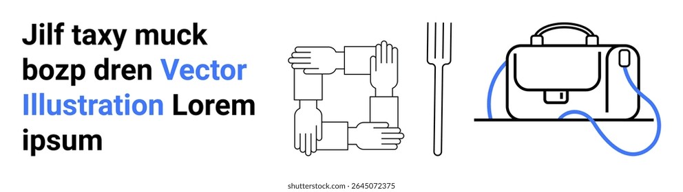 Four intertwined hands, a fork, and a bag. Ideal for teamwork, culinary themes, travel blogs, educational content, social initiatives, marketing materials, and business presentations. Landing page