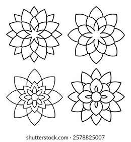 Four intricate black line flower mandala designs.