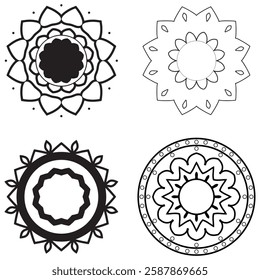 Four intricate black and white mandala designs for coloring or digital art