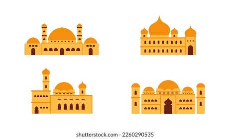 Four islamic yellow mosque isolated on white background for ramadan concept.