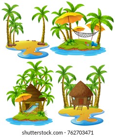 Four islands with wooden hut and coconut trees illustration