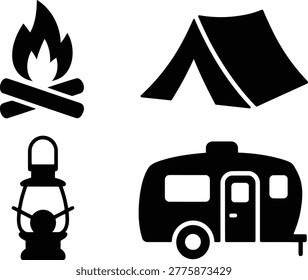 Four isolated black signs representing camping activities featuring a tent a burning fire a hand lantern and a small travel trailer unit