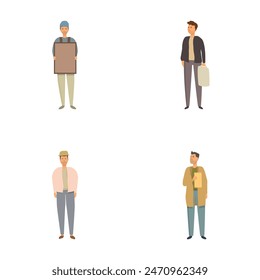 Four isolated cartoon men displaying variety in fashion and accessories