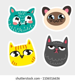 Four isolated cat emoji framed thick white line Blue cat in speckles striped yellow kitty Siamese smiley pussy melancholy gray moggy Vector isolated icon Hand draw style cats for emblem button avatar
