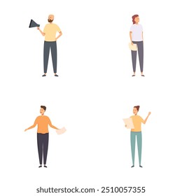 Four isolated character illustrations showing people holding papers and a megaphone