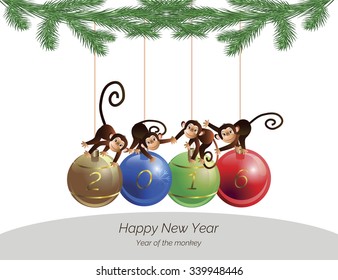 Four isolated colorful Christmas decorations, each of them with a sitting monkey Happy New Year on white background. Vector illustration