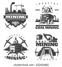 Four isolated detailed emblems set with professional coal mining industry elements factory silhouettes and tool symbols vector illustration