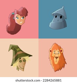 Four isolated faces of fairy tale friends.