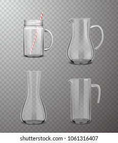 Four isolated  glass jugs of different form in realistic style on transparent background vector illustration 