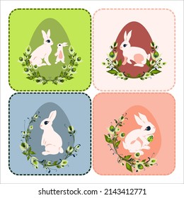 Four isolated Happy Easter holiday and Hello spring vector greeting cards with Easter bunnies