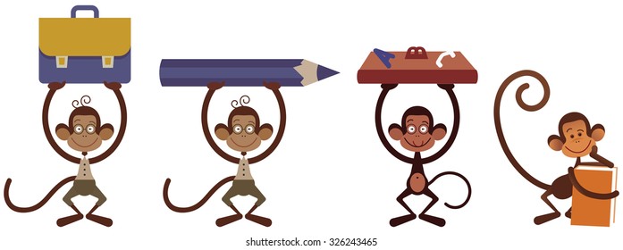 Four isolated monkey - back to school illustration