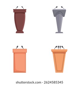 Four isolated podiums with microphones in different colors suitable for presentations and speeches
