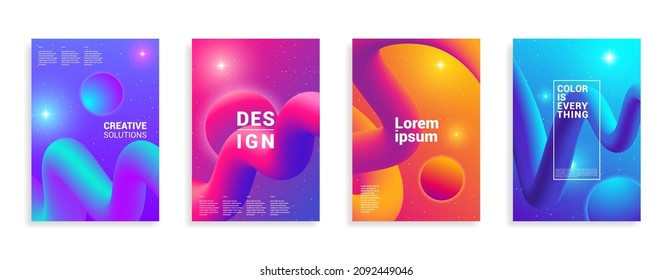 Four isolated posters with abstract tentacles in space. Shining stars, planets. Geometric future template for flyer, poster, brochure and invitation. EPS, Vector.