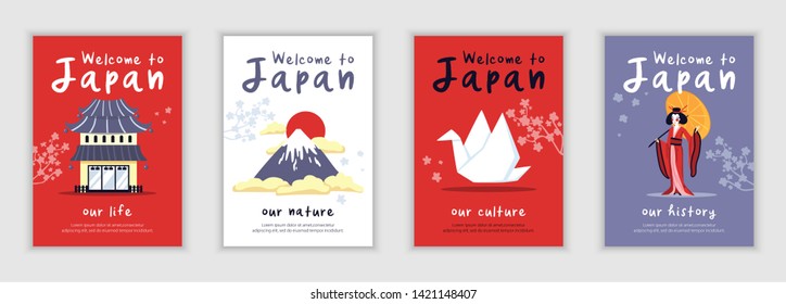 Four isolated posters on theme of japan life history culture nature cartoon vector illustration