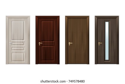 Four isolated and realistic wooden doors design icon set in different styles and colors vector illustration