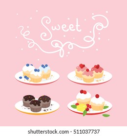 Four isolated sets of different flavors of muffins arranged on plates on pink background. Big handwritten sign on top of the image.  