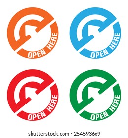 Four isolated stickers with the text open here written on each sticker