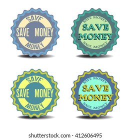 Four isolated stickers with the text save money written on each sticker