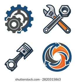 Four isolated vector icons featuring gears a wrench with a nut a car engine piston and a circular arrow cycle symbol representing industrial maintenance