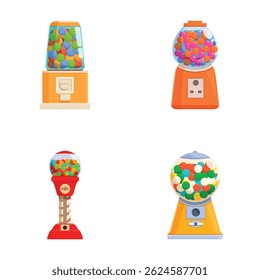 Four isolated vector illustrations of gumball and candy dispensers