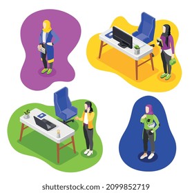 Four isometric colored compositions with business woman characters in hijab isolated abstract vector illustration